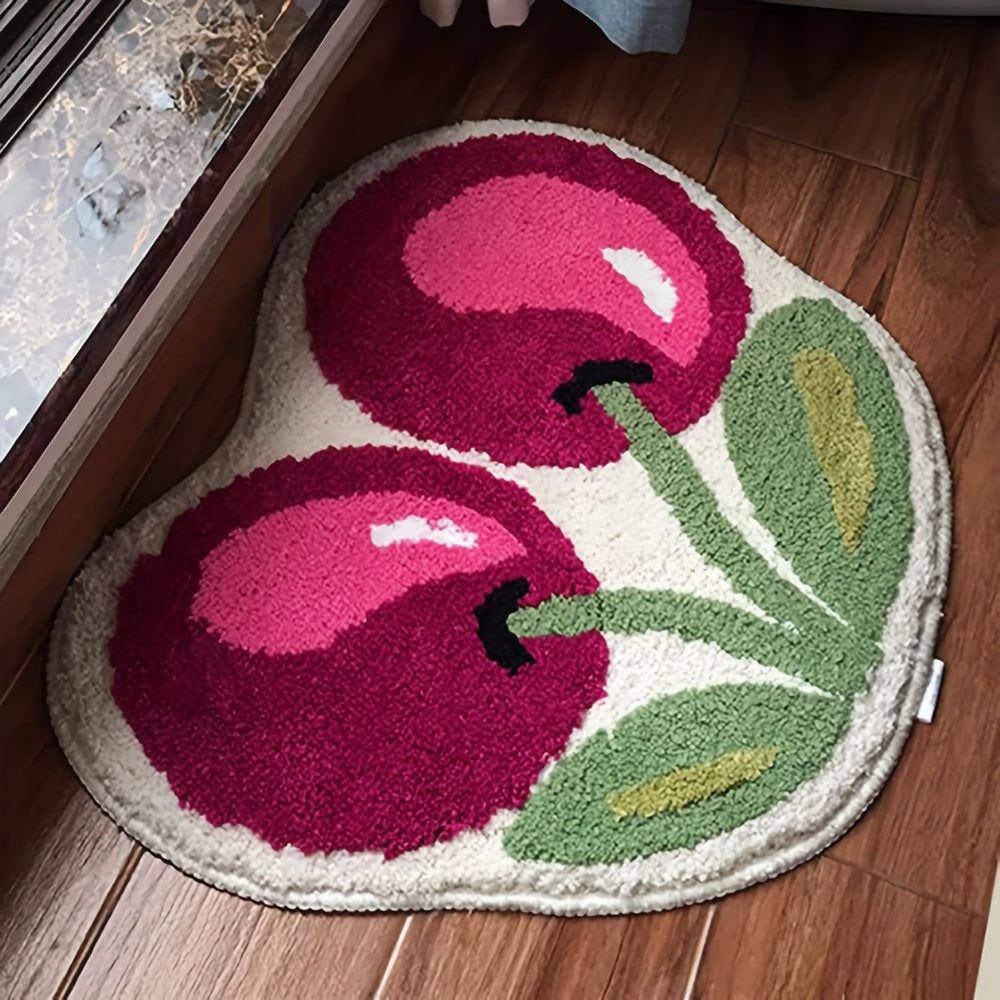 Cherry Shaped Bath Mat Fluffy Velvet Non-Slip Bathroom Rug - Cute Novelty Shower Mat 19.6x23.6 Inch, Machine Washable Fun Artistic Bathroom Door Rug & Foot Pad for Shower or Tub