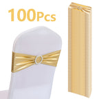 Metallic Spandex Chair Sashes Bow Bands 100pcs – Sparkle Lycra Stretch Chair Ties with Buckle for Wedding, Banquet & Party Decor | Gold, Silver, Rose Gold