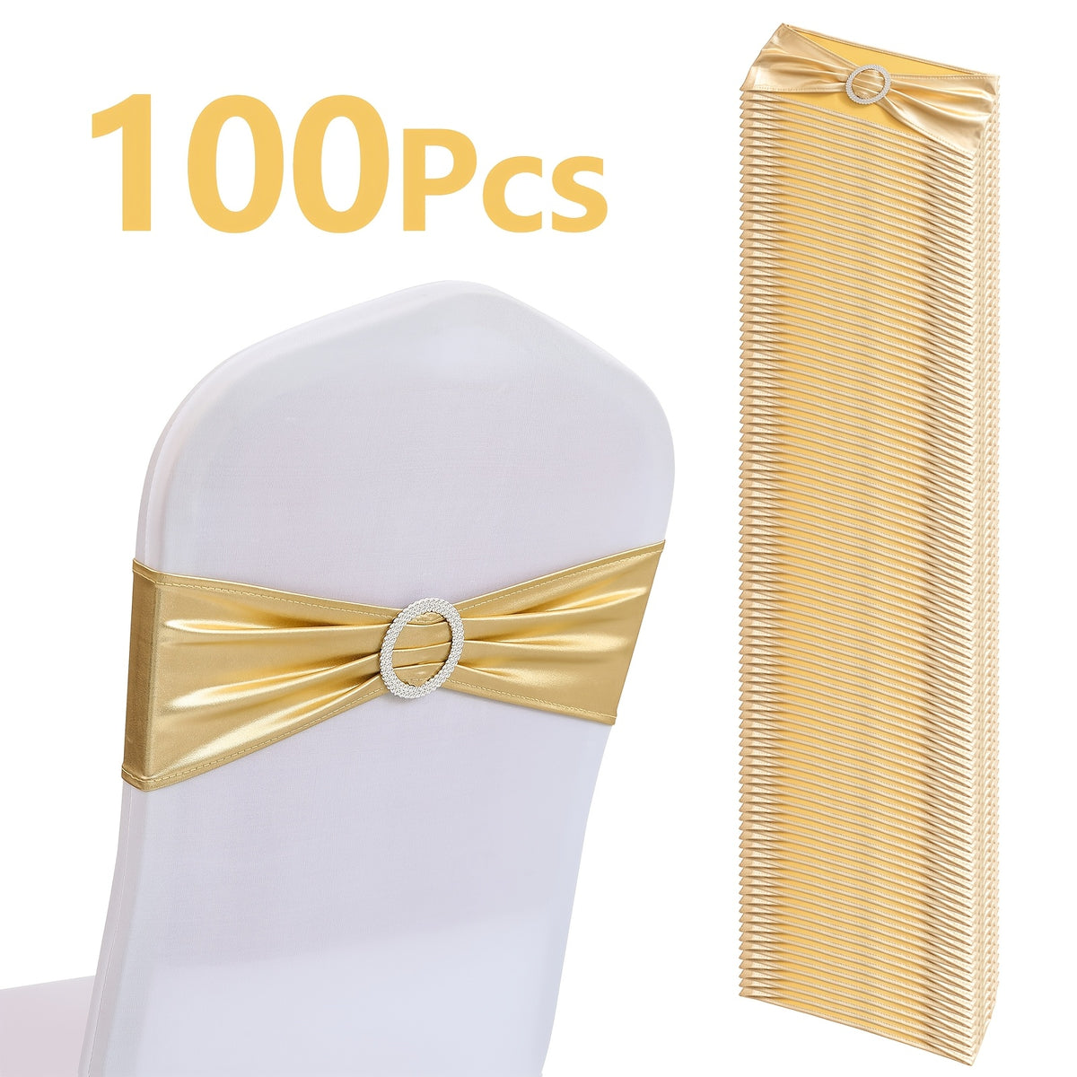 Metallic Spandex Chair Sashes Bow Bands 100pcs – Sparkle Lycra Stretch Chair Ties with Buckle for Wedding, Banquet & Party Decor | Gold, Silver, Rose Gold