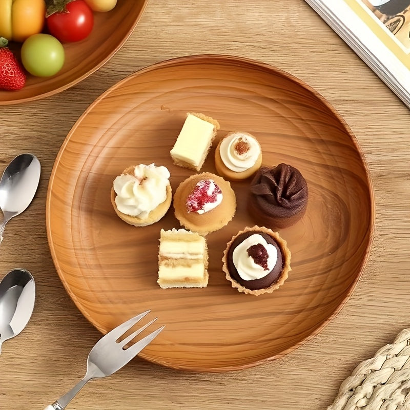 10-Piece Wood Grain Plastic Dinner Plates Round Striped Pattern Luxury Feel for Home Restaurant Dessert Shop Snack Fruit Tea Tray