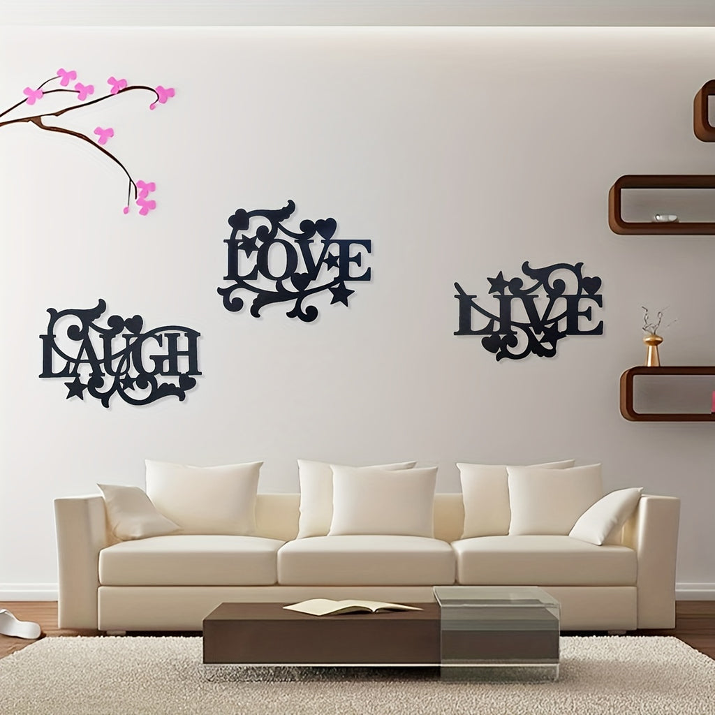 3-Piece Metal Wall Art Set – Love Life Laughter Letter Sign Silhouette | Modern Elegant Black Wall Decor for Living Room, Bedroom & Kitchen | Stylish Home Art Decoration
