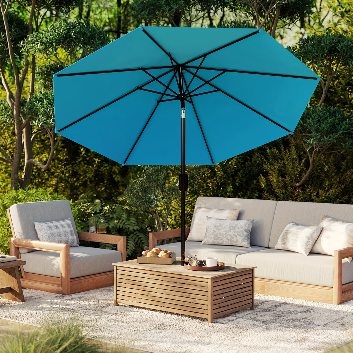 Large Patio Umbrella 9ft / 10ft, Outdoor Market Umbrella with Manual Crank & Tilt, Metal Frame, Polyester Canopy, Table or Freestanding Use, 5 Colors — Beige, Red, Dark Blue, Light Blue, Dark Green