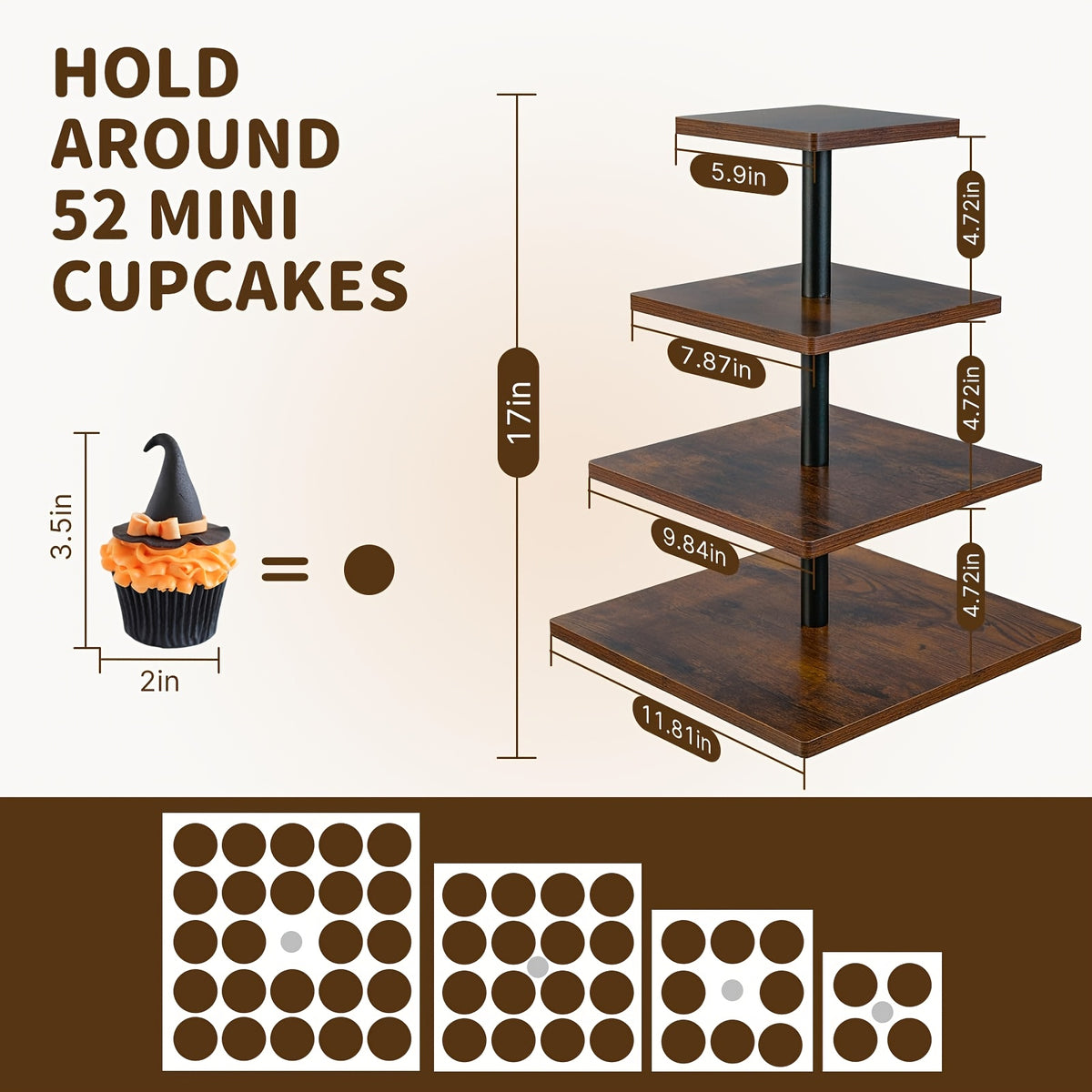 4 Tier Wood Cupcake Stand 360 Rotating Dessert Tower for 50 Cupcakes Farmhouse Tiered Cake Stand for Wedding Birthday Baby Shower Tea Party