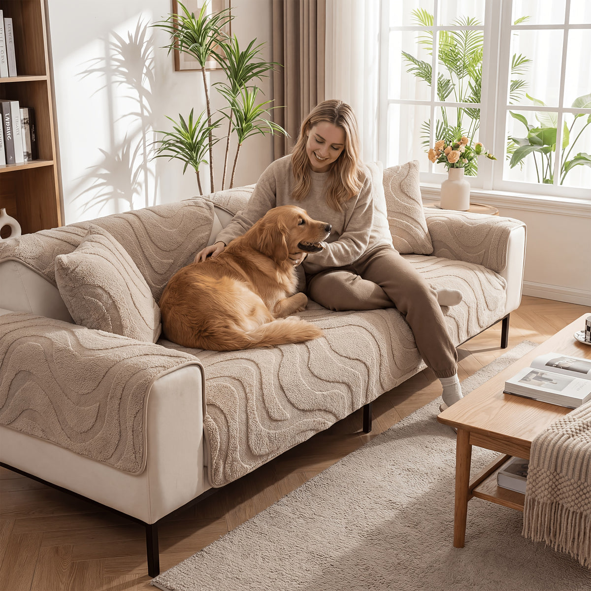 Velvet Sofa Cover Non-Slip Washable Plush Couch Slipcover Pet Friendly Thick Padded Furniture Protector 1 2 3 4 5 Seat Living Room Bedroom