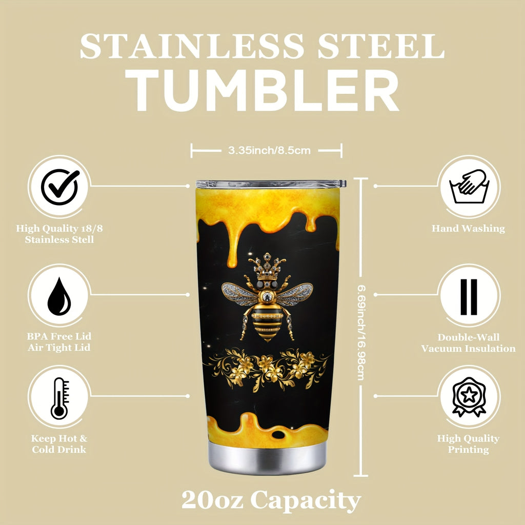 Queen Bee Tumbler 20oz Stainless Steel Insulated Travel Mug with Lid & Straw - Bee Lover Gift for Women Oval Shape