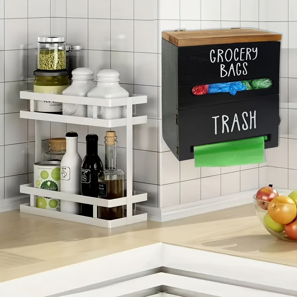 2-in-1 Wooden Garbage Bag Dispenser & Organizer - Wall-Mount or Cabinet Hanging Bag Holder for Kitchen & Bathroom, Large Capacity, White or Black