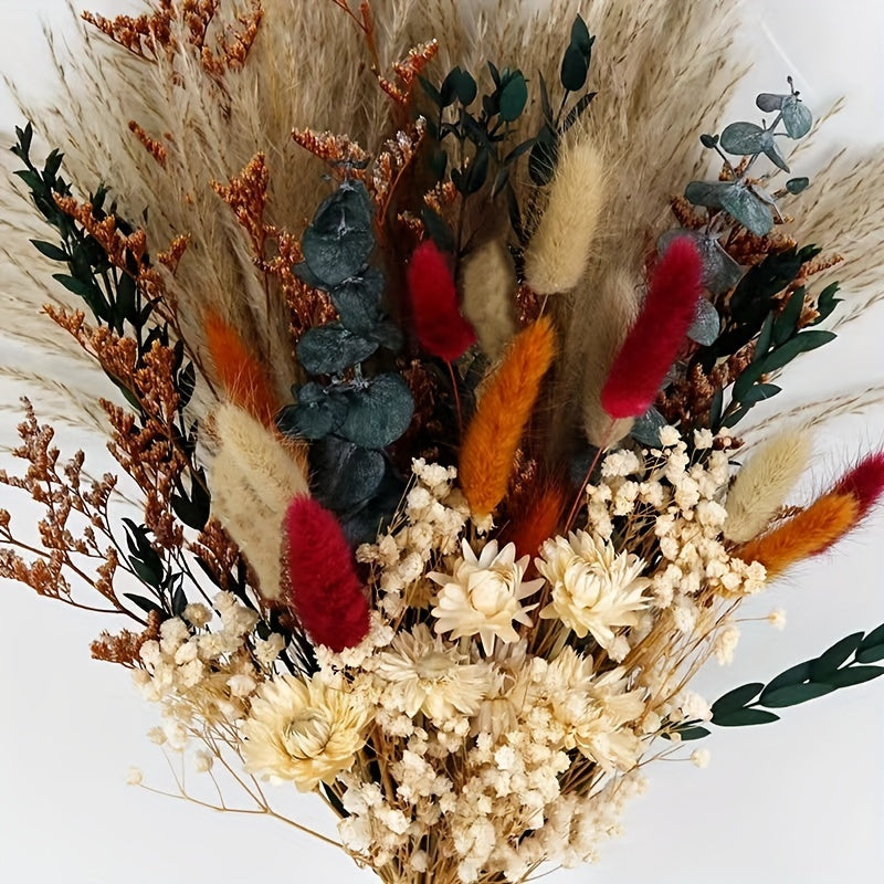 Bohemian Artificial Dried Flower Bouquet with Bama Grass, Eucalyptus & Rabbit Tail – Faux Floral Arrangement in Beige, Brown, White, Red & Gold for Wedding, Rustic Home, Halloween & Seasonal Centerpiece