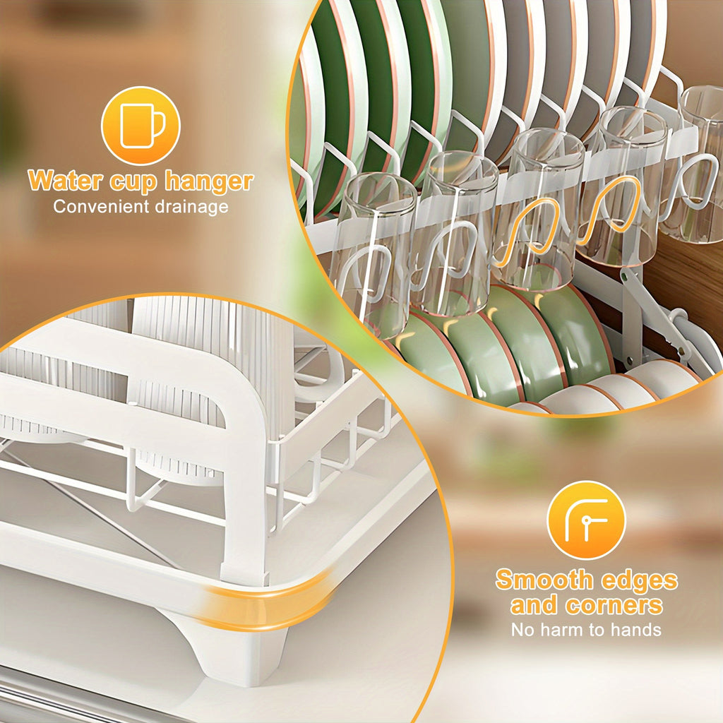 2-Tier Dish Drying Rack with Drainboard – Large Carbon Steel Dish Drainer with Glass & Utensil Holders, Drying Mat, Rust-Resistant, for Kitchen Countertop – Foldable & Double Layer Options
