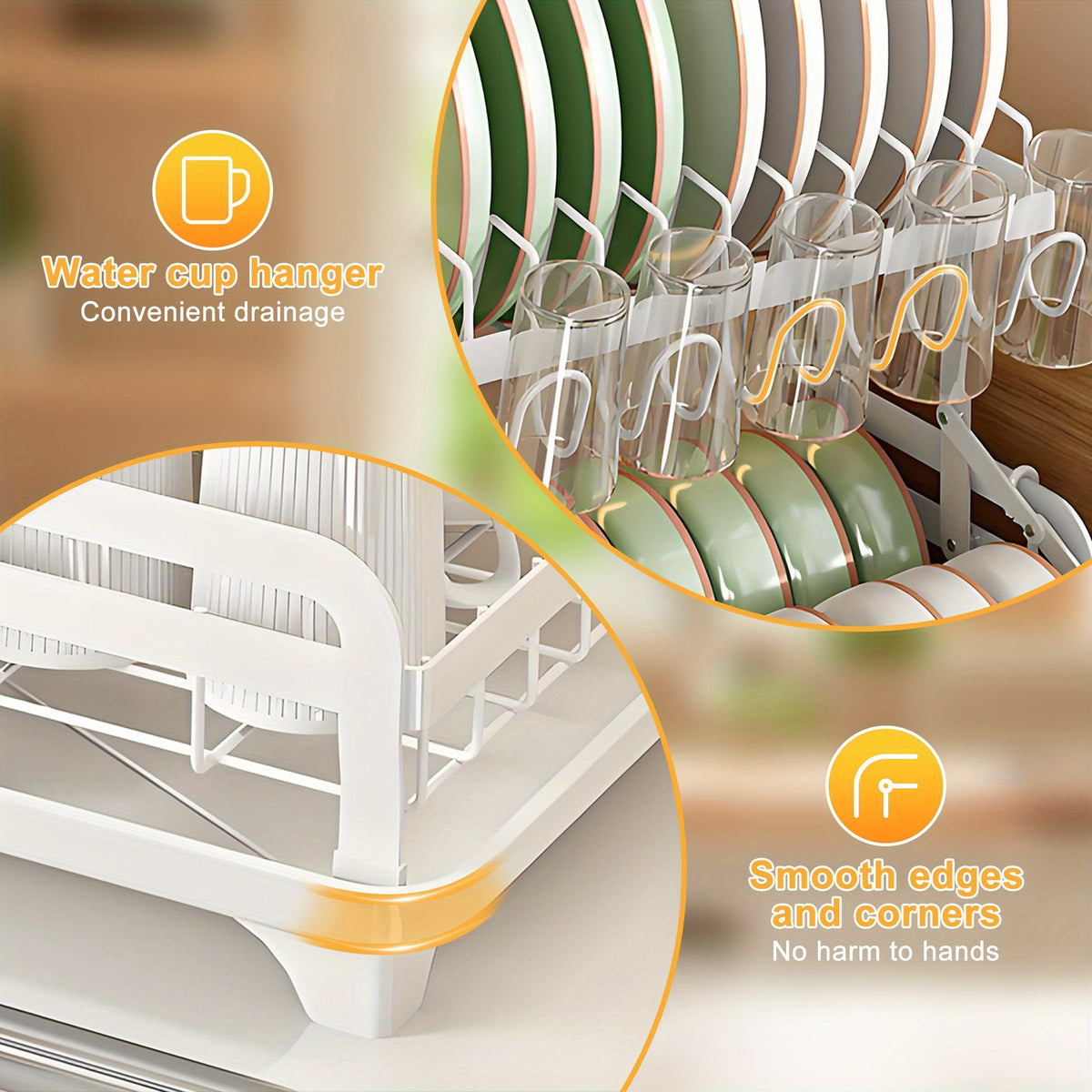 2-Tier Dish Drying Rack with Drainboard – Large Carbon Steel Dish Drainer with Glass & Utensil Holders, Drying Mat, Rust-Resistant, for Kitchen Countertop – Foldable & Double Layer Options
