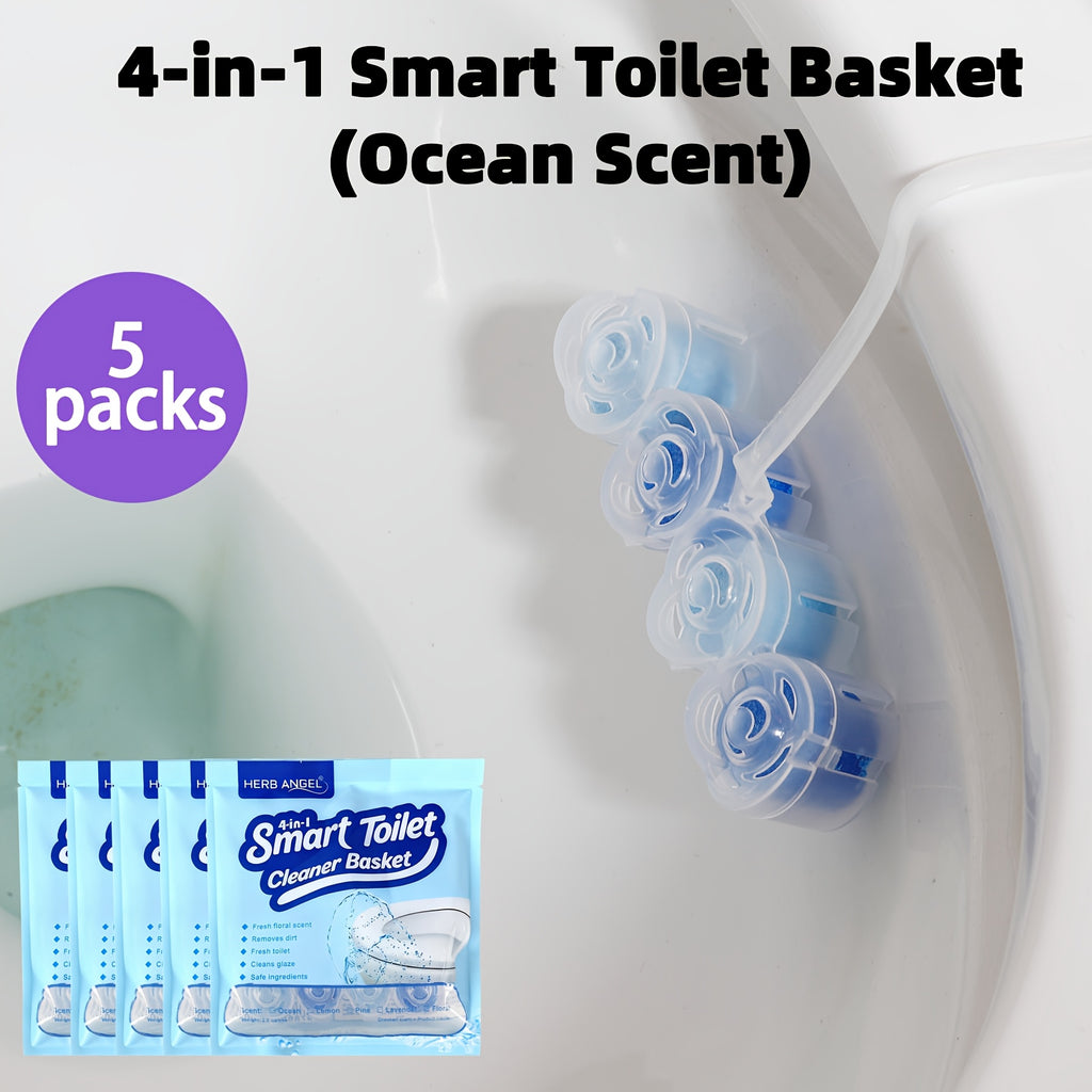 4-in-1 Toilet Cleaner Hanging Basket 5 Pack 65g – 200+ Flushes, Deodorizes & Removes Yellow Stains, Non-Corrosive Tablets for Smart, Hanging & No-Tank Toilets, 4 Fresh Scents: Ocean, Lemon, Lavender, Floral
