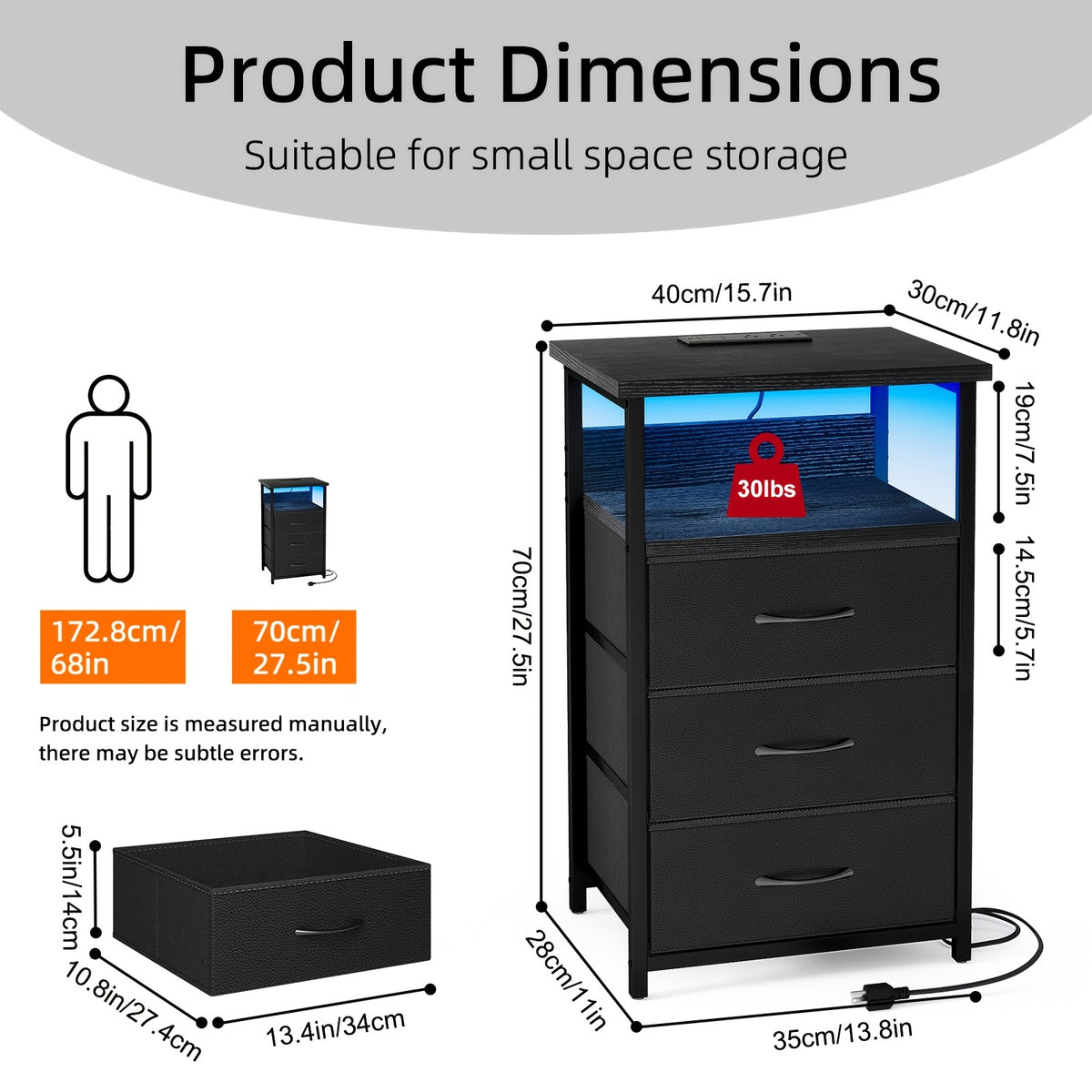 USB Charging Nightstand with 3 Drawers and Storage Shelf Side End Table Heavy Duty Night Stand for Bedroom Dorm Small Spaces USB Port and Power Outlet