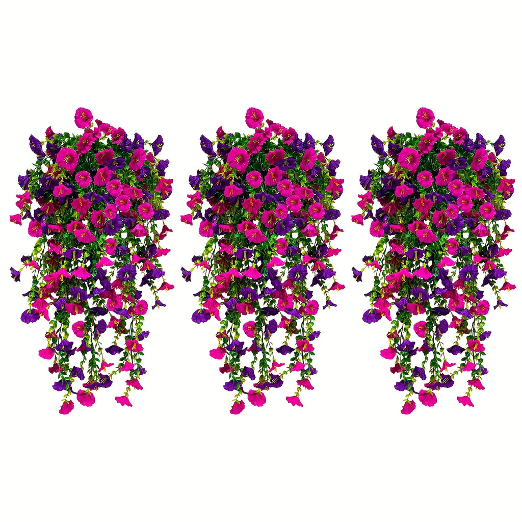 Morning Glory Artificial Hanging Flowers 3pcs with Persian Grass & Eucalyptus – UV-Resistant Faux Floral Bundle in Mix & Fuchsia, Outdoor Home Office Garden Decor, Mother’s Day & Thanksgiving Gift