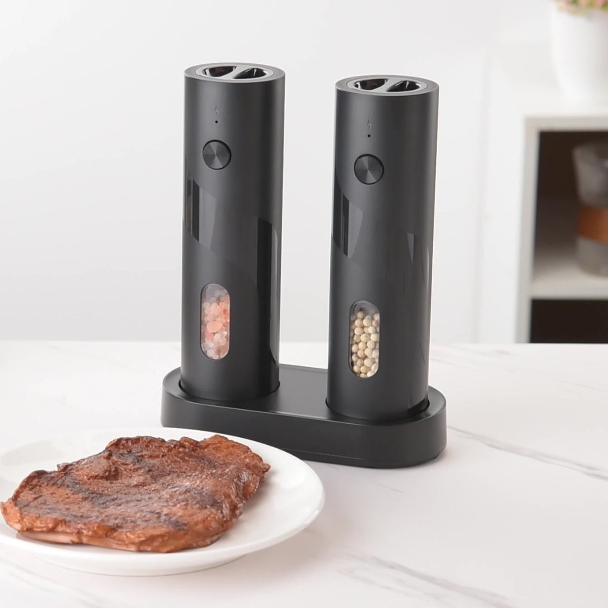 Electric Salt and Pepper Grinder Set 2-Piece USB Rechargeable with LED Light & Charging Base - One-Hand Automatic Salt Pepper Mill Shaker Set for Kitchen Cooking Dining Gift, Black/Green