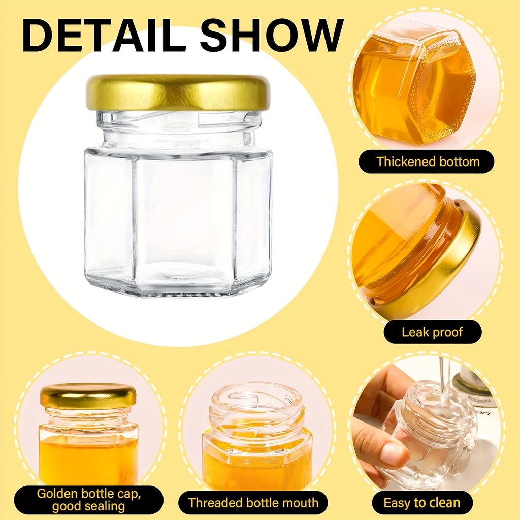 Mini Hexagon Honey Jar Favor Set – 1.5oz Glass Jars with Golden Lid, Bee Charm, Honey Dipper & Gift Tags | 20-60 Pcs | Wedding, Baby Shower & Party Favors
