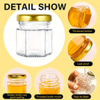 Mini Hexagon Honey Jar Favor Set – 1.5oz Glass Jars with Golden Lid, Bee Charm, Honey Dipper & Gift Tags | 20-60 Pcs | Wedding, Baby Shower & Party Favors