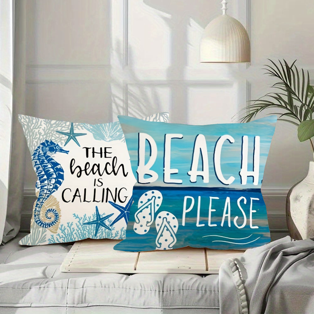 Ocean Beach Pillow Covers 4-Piece Set 18 Inch – Coastal Marine Life Shells Starfish Seahorse Turtle Decorative Pillowcases, Summer Beach Outdoor Cushion Covers for Home Decor