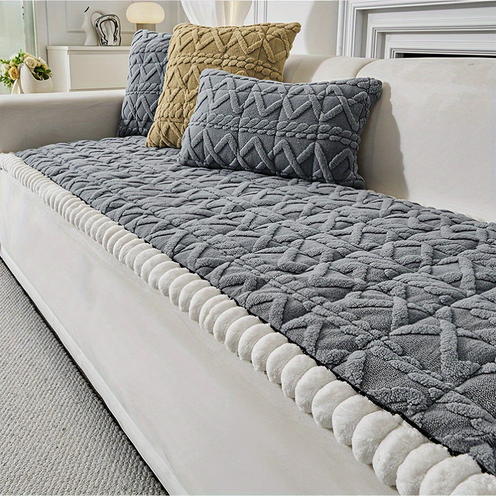 Boho Quilted Fleece Sofa Cover Thick – 400g Plush Polyester, Non-Slip, Pet-Friendly, Machine Washable, 2/3/4 Seater, Bedroom Living Room Office Decor, Grey