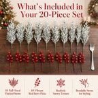 Artificial Christmas Greenery Stems with Red Berries 20pcs 14 Inch Flocked Norfolk Pine Picks for DIY Wreaths Xmas Tree Holiday Centerpiece Indoor Home Vase Filler Decor