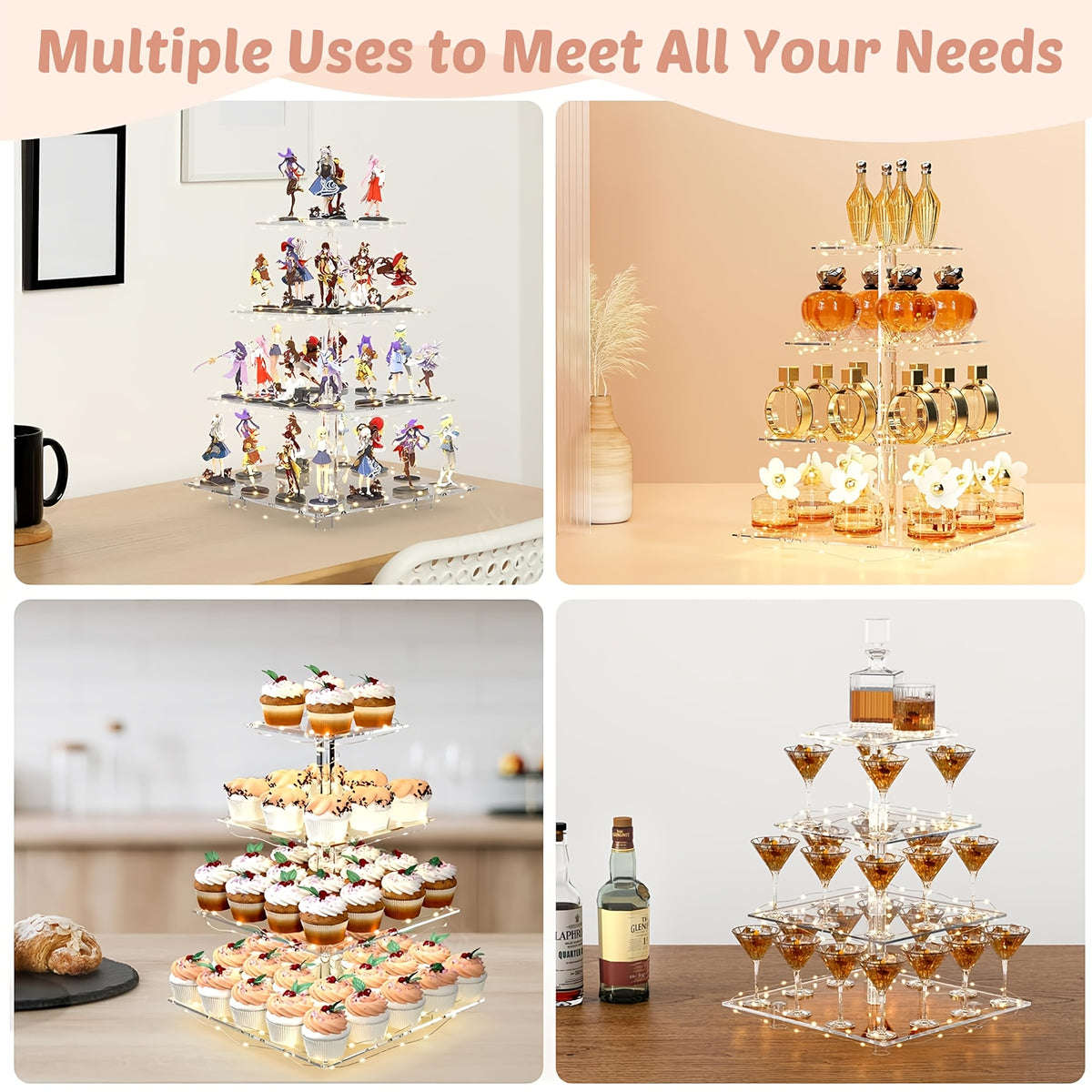 4-Tier Square Acrylic Cupcake Stand with LED Light Strip Holds 52 Cupcakes Dessert Display Tower for Weddings Birthdays Christmas Parties Graduations