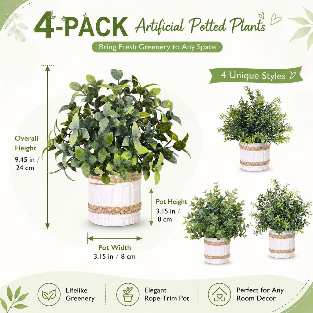 4-Pack Small Artificial Potted Plants Indoor Faux Greenery in Paper Pulp Pots for Shelf Desk Home Farmhouse Bathroom Room Decor
