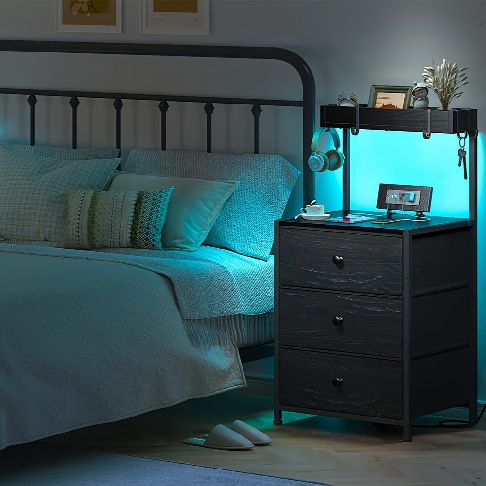 Tall Nightstand with Charging Station & LED Lights – 3 Drawers, Shelves, USB Ports, Outlets & 4 Hooks | Bedside Table for Bedroom
