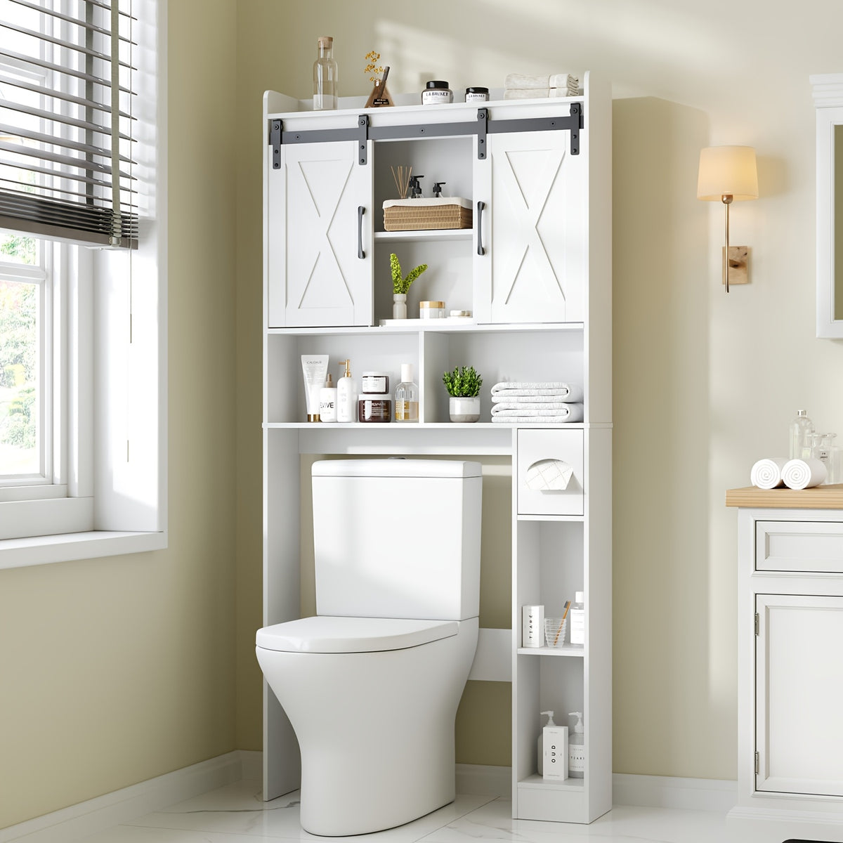 Farmhouse Over Toilet Cabinet with Sliding Doors Engineered Wood Adjustable Shelf Toilet Paper Holder Stand Space Saving Bathroom Storage No Wall Mount Multiple Colors
