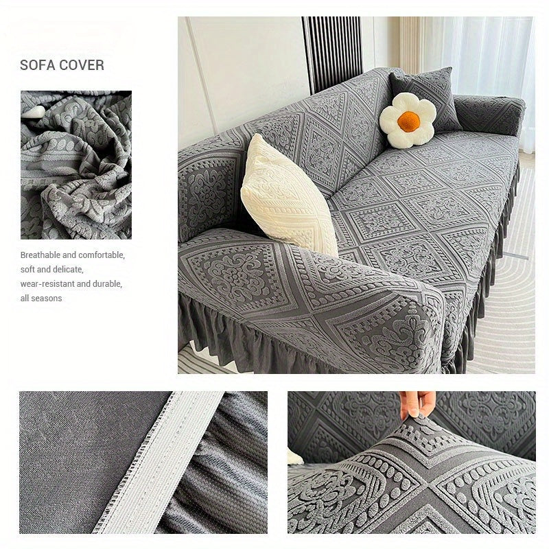 Velvet Jacquard Sofa Slipcover Grey Ruffle Detail Non-Slip Dustproof Stretch Machine Washable All-Season 1 2 3 4 Seater L-Shape Compatible Luxury Couch Cover