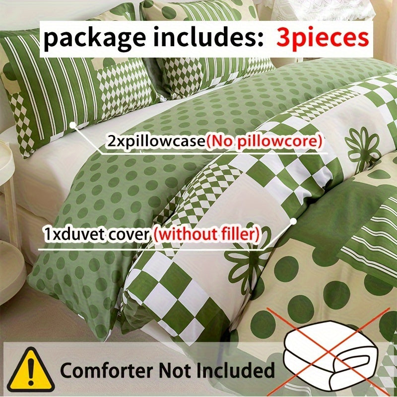 Green Geometric Duvet Cover Set 3 Piece Soft Microfiber with 2 Pillowcases Multiple Sizes Bedroom Decor Comforter Not Included