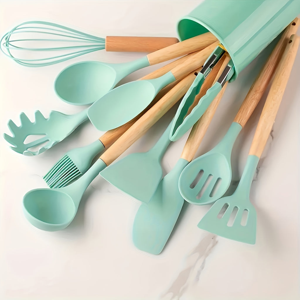 Silicone Kitchen Utensil Set 12 Piece with Wooden Handles - Non-Stick Heat Resistant Cooking Tools for Home, Dorm & Baking, Colorful Kitchen Gadgets Gift Set