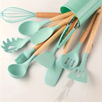 Silicone Kitchen Utensil Set 12 Piece with Wooden Handles - Non-Stick Heat Resistant Cooking Tools for Home, Dorm & Baking, Colorful Kitchen Gadgets Gift Set