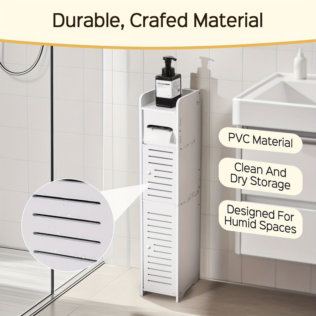 Slim Bathroom Storage Cabinet PVC Organizer with Toilet Paper Holder for Tight Spaces Bathroom Bedroom Living Room Easy Assemble Compact White