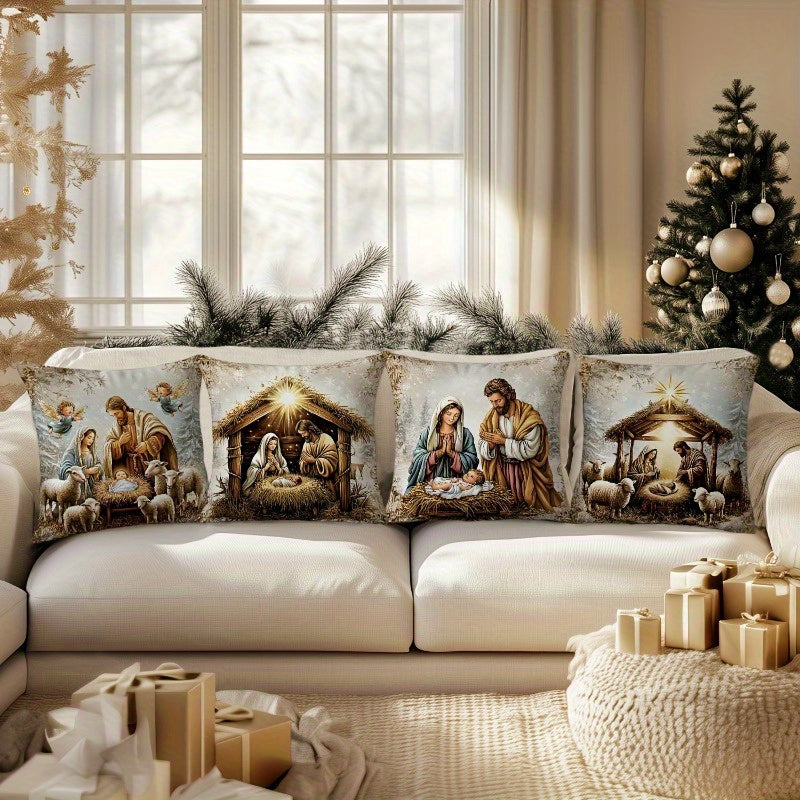 Christmas Pillowcase Set of 4 Farmhouse Holiday Decorative Cushion Covers 18x18 Inch for Sofa Living Room Bedroom Winter Home Decoration (No Pillow Insert)