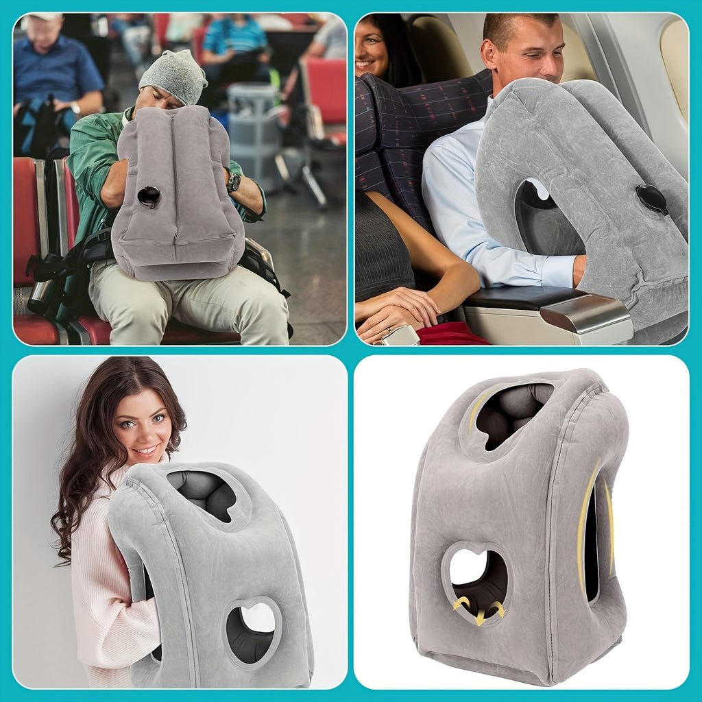 Inflatable Travel Neck Pillow with Patented Valve – Adjustable Firmness Ergonomic Air Pillow for Flights Cars Trains Office Napping, Lightweight Compact, Grey & Black