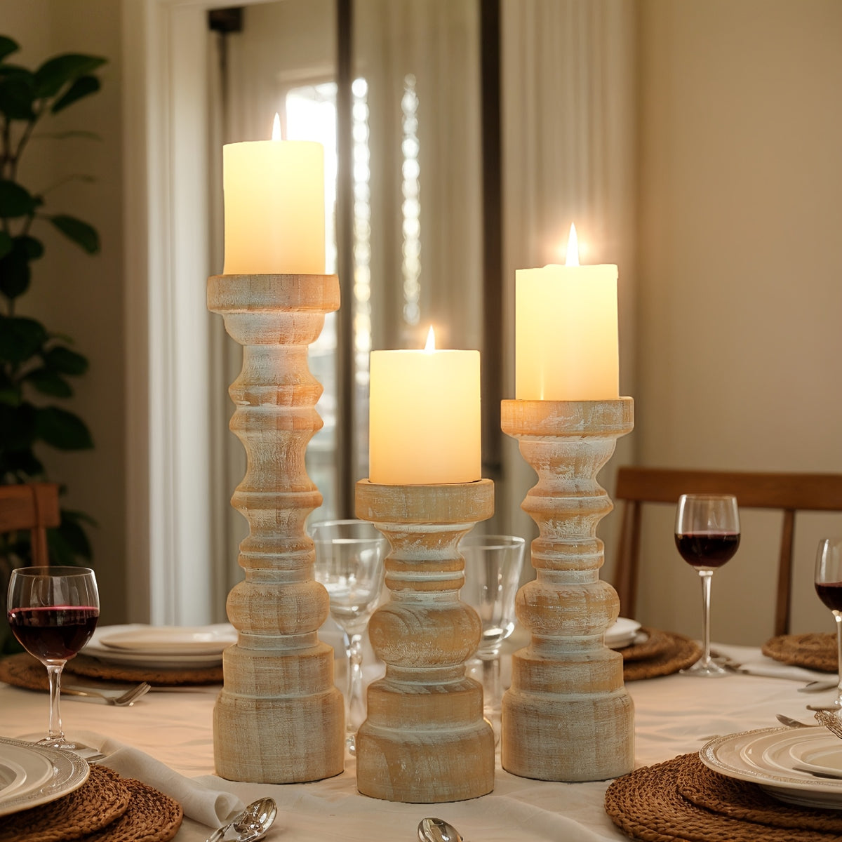 Rustic Wooden Pillar Candle Holders Set of 3 Farmhouse Style Table Centerpiece Coffee Table Fireplace Mantel Home Decor