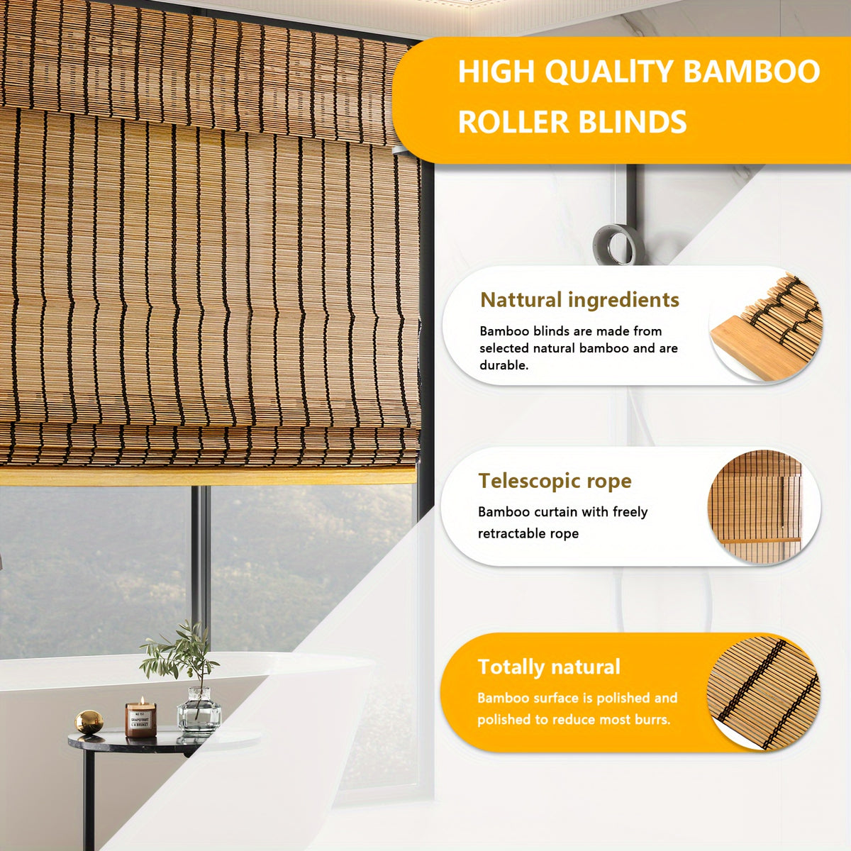 Bamboo Roman Shade – Light Filtering, Adjustable Lift System, Easy Install | Living Room & Home Decor | 13 Sizes | Nuvia Haven
