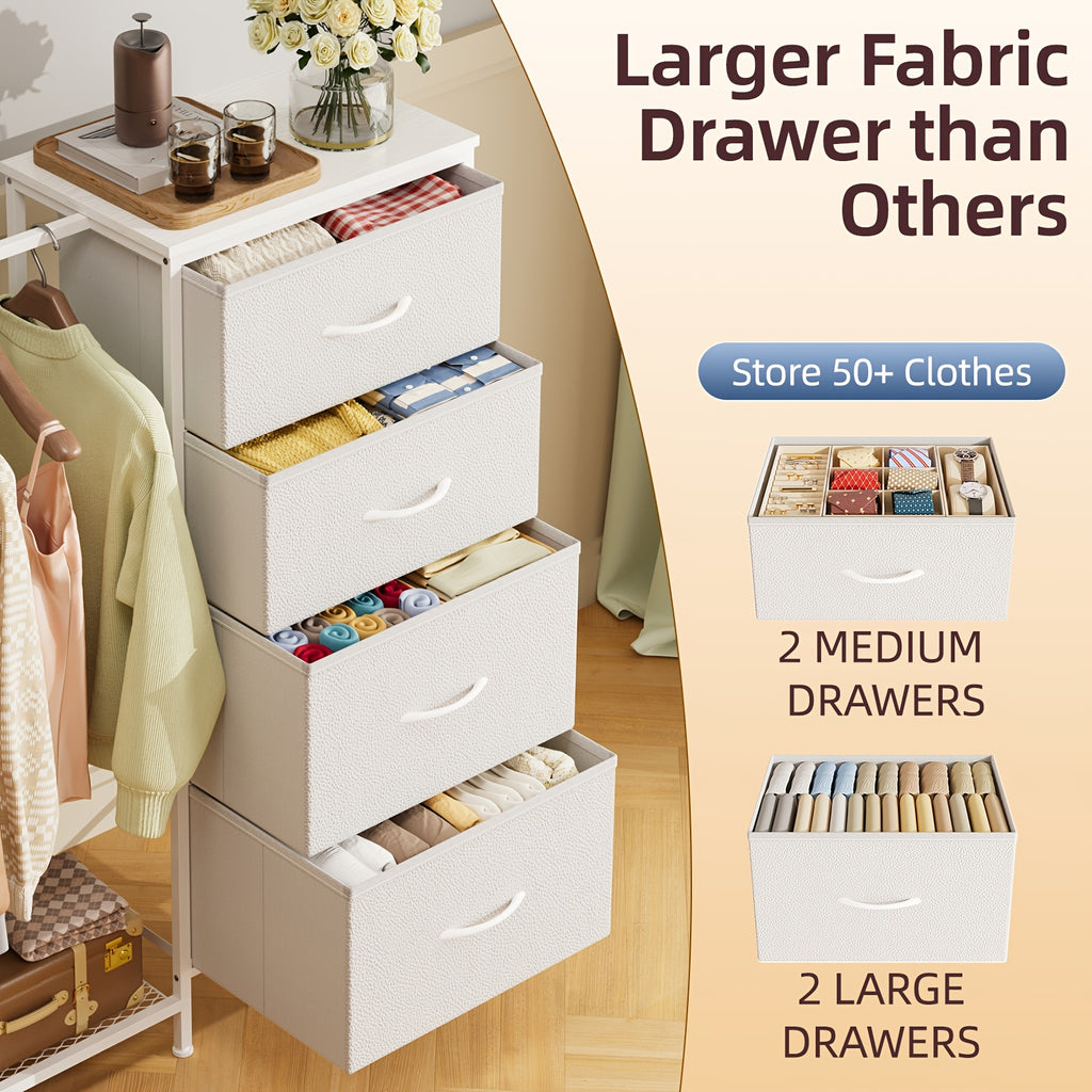 Fabric Dresser with Clothes Rack & Drawer Tower – 4 or 5 Drawers, Sturdy Frame, Optional LED Lighting & USB Charging Station for Bedroom