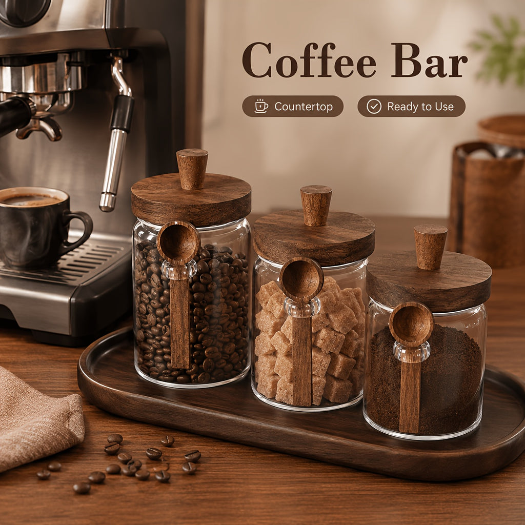 Airtight Glass Canisters Set of 3 with Spoon - Leak-Proof Kitchen Storage Jars for Coffee, Sugar, Flour & Tea, Round Glass Jars with Dark Brown Lids for Pantry & Countertop