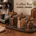 Airtight Glass Canisters Set of 3 with Spoon - Leak-Proof Kitchen Storage Jars for Coffee, Sugar, Flour & Tea, Round Glass Jars with Dark Brown Lids for Pantry & Countertop