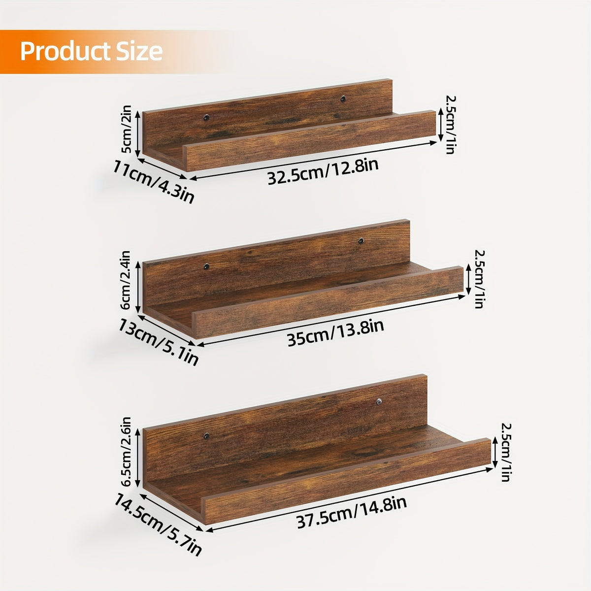 Floating Wall Shelves Set of 3, Wall Mounted Display Shelf 3 Sizes Heavy Duty Brown Storage Rack – Space Saving Home Organizer for Bathroom Bedroom Living Room Kitchen