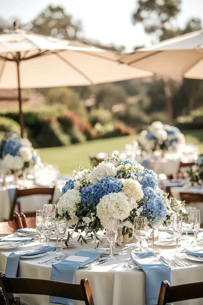 Silky Hydrangea Artificial Flowers 20/40 Pack, 16.2 Inch Blue & White – Outdoor Faux Hydrangea Stems for Wedding, Garden, Home Party, Exhibition & Christmas Decorations
