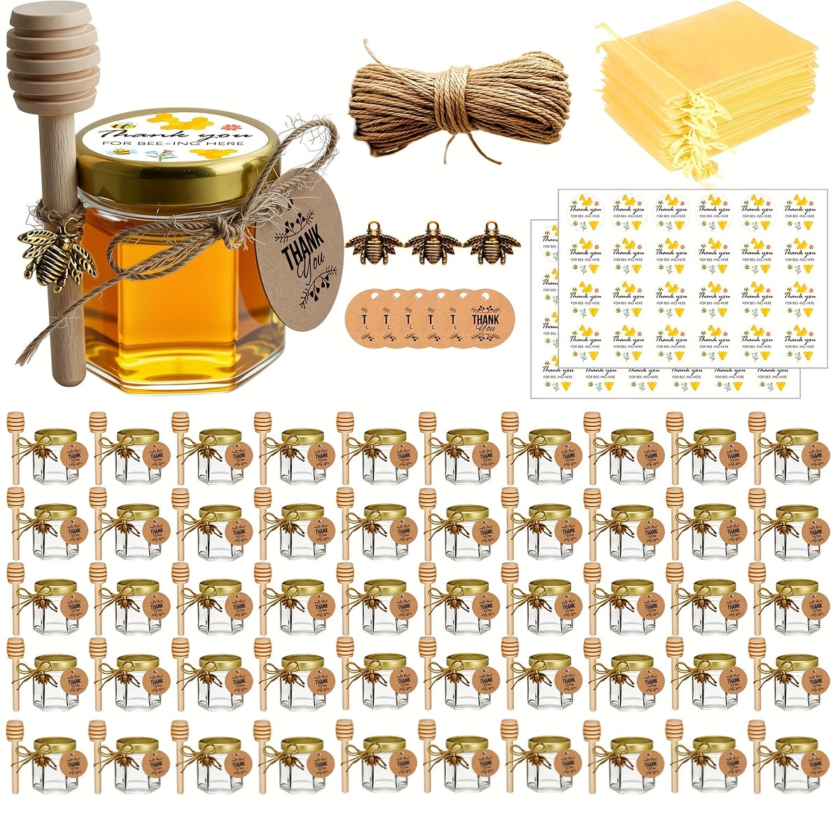Mini Hexagon Honey Jar Favor Set – 1.5oz Glass Jars with Golden Lid, Bee Charm, Honey Dipper & Gift Tags | 20-60 Pcs | Wedding, Baby Shower & Party Favors