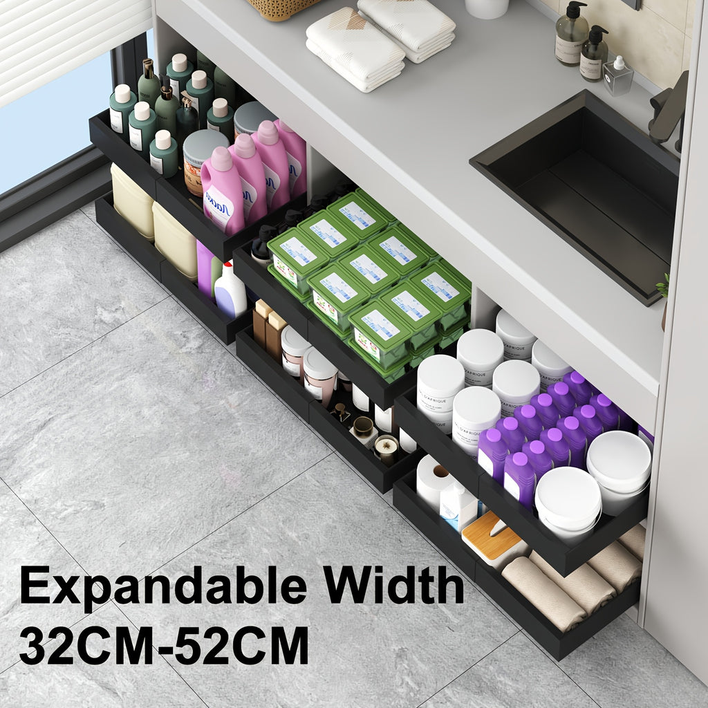Pull Out Cabinet Organizer Shelf – Expandable Sliding Storage Drawer, Heavy Duty Carbon Steel, No Drill Under Sink Basket for Kitchen, Bathroom & Laundry, 2/4/6 Pack