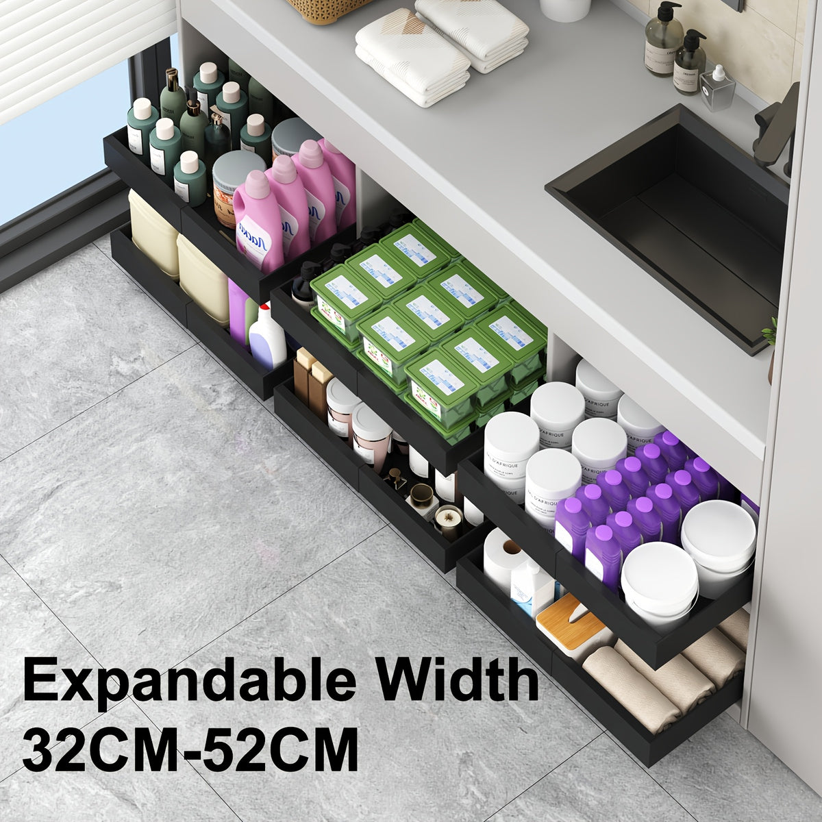 Pull Out Cabinet Organizer Shelf – Expandable Sliding Storage Drawer, Heavy Duty Carbon Steel, No Drill Under Sink Basket for Kitchen, Bathroom & Laundry, 2/4/6 Pack
