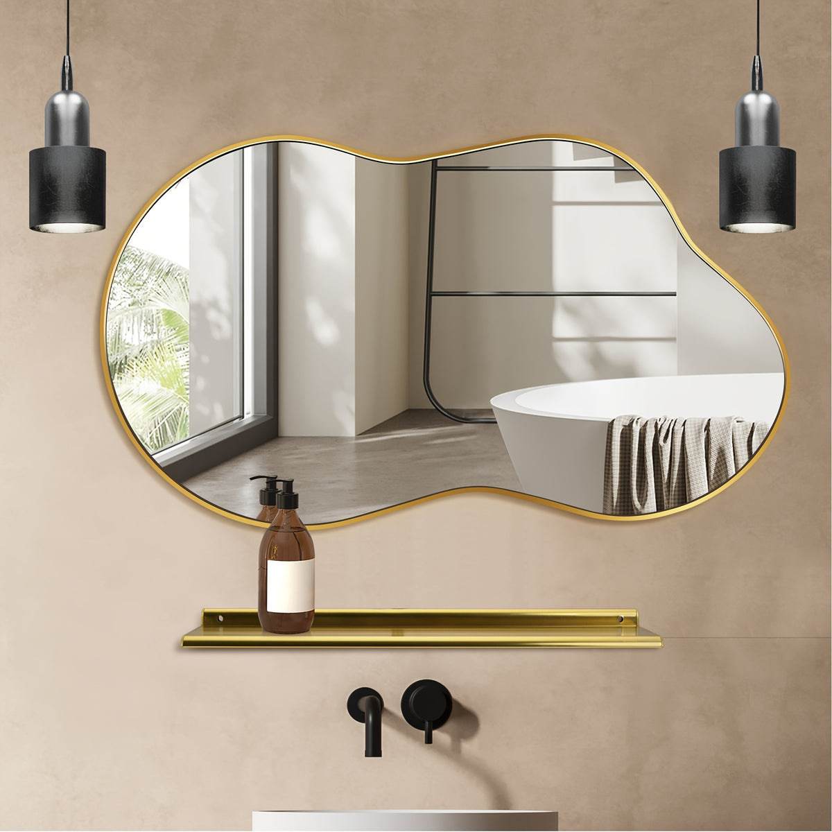 Irregular Wall Mirror Golden Asymmetrical Decorative Mirror Aviation Aluminum Alloy Frame for Bathroom Bedroom Living Room Entryway Cloakroom Modern Home Decor