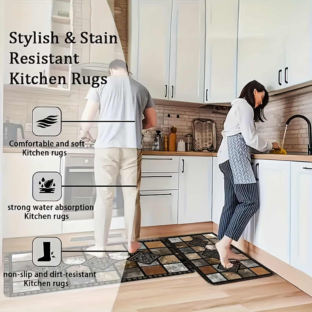 Vintage Plaid Kitchen Floor Mat Set – Diatom Mud Rubber, Absorbent, Non-Slip, Fast Drying, Machine Washable | Kitchen, Bathroom & Hallway | 2-Piece & 3-Piece | Nuvia Haven