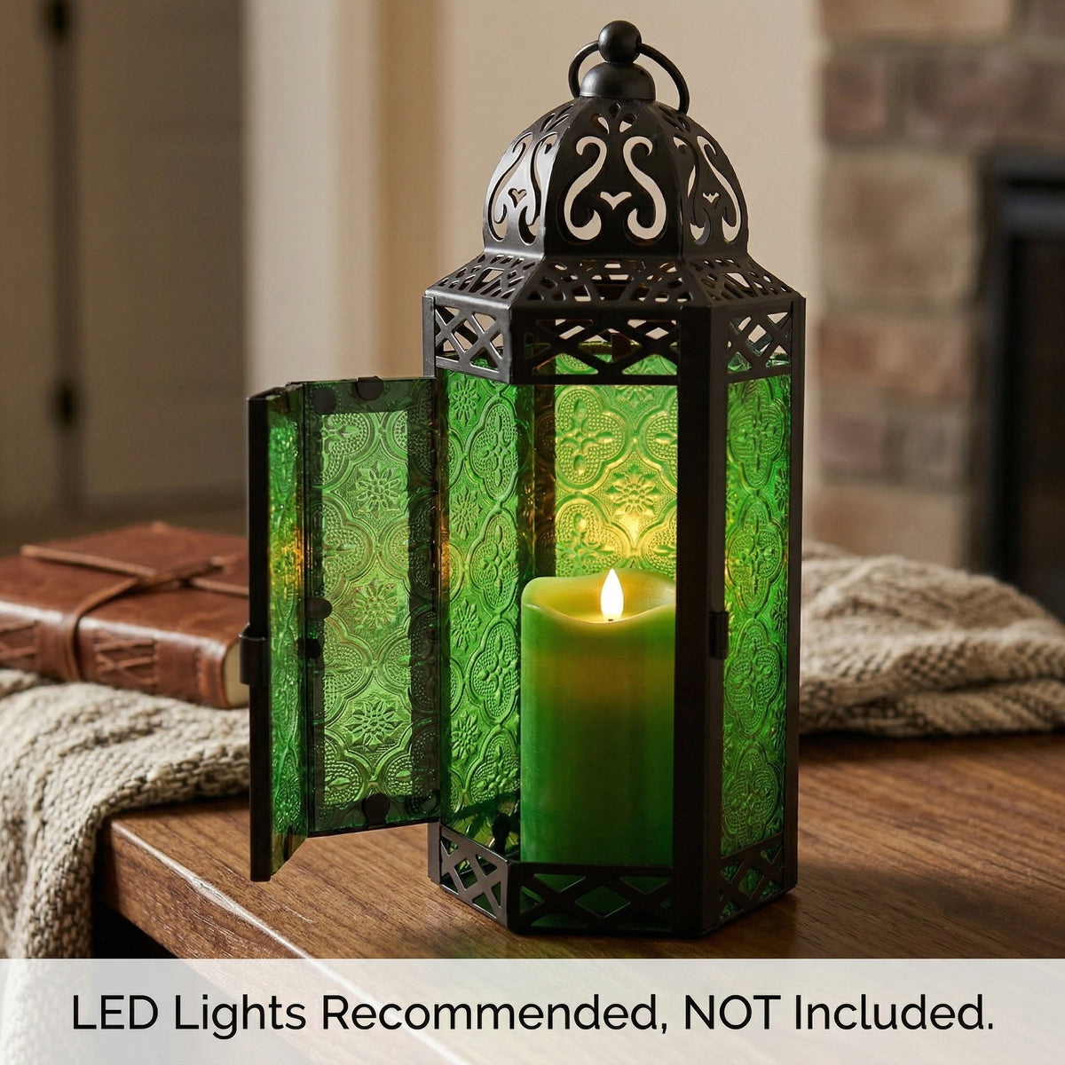 Moroccan Candle Lantern Holder Medium 10.5 Inch – Handcrafted Glass Iron Metal Lantern with Embossed Floral Panels, 17 Colors, Indoor Outdoor Use for Ramadan, Wedding, Patio, Diwali & Home Decor