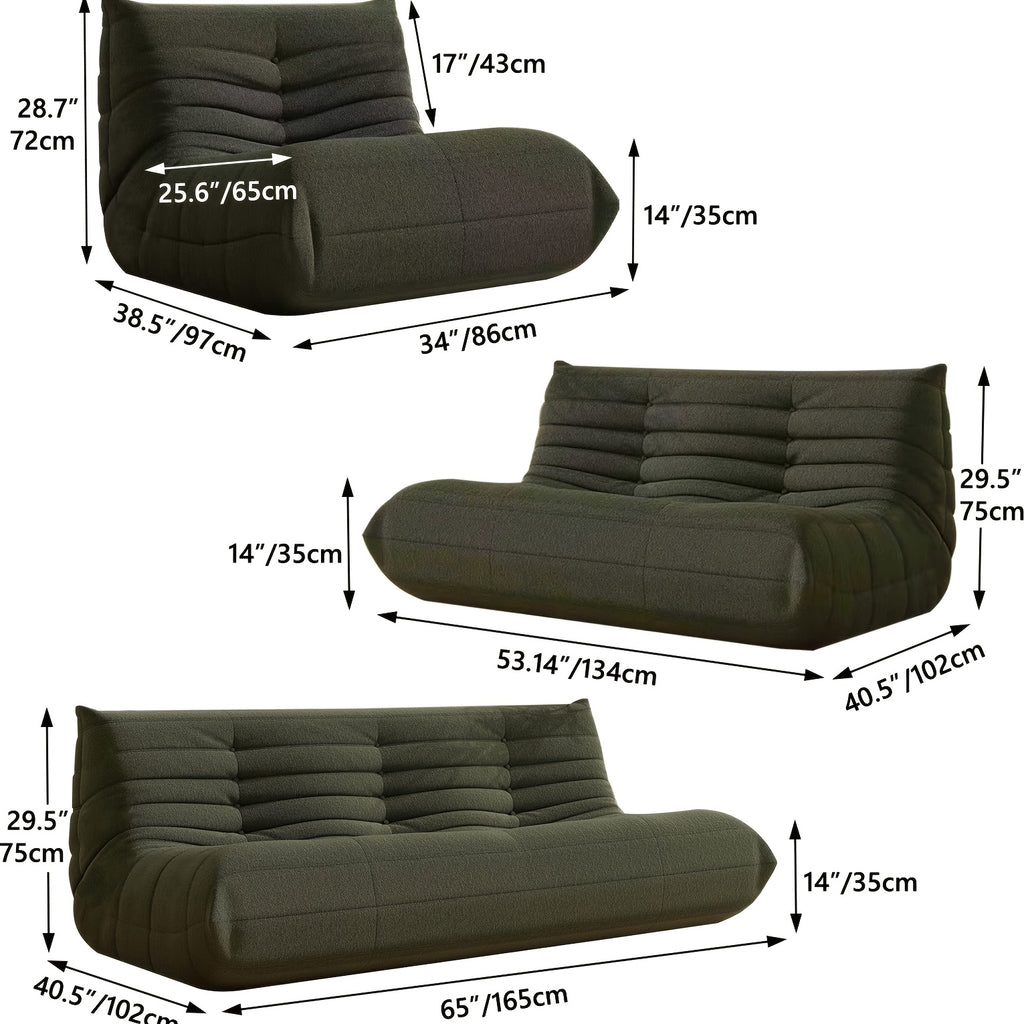 Caterpillar Floor Bean Bag Sofa – Teddy Velvet High-Density Foam Ergonomic Lounge Sofa, 1-2-3 Person, for Living Room Bedroom Game Room, Multiple Colors