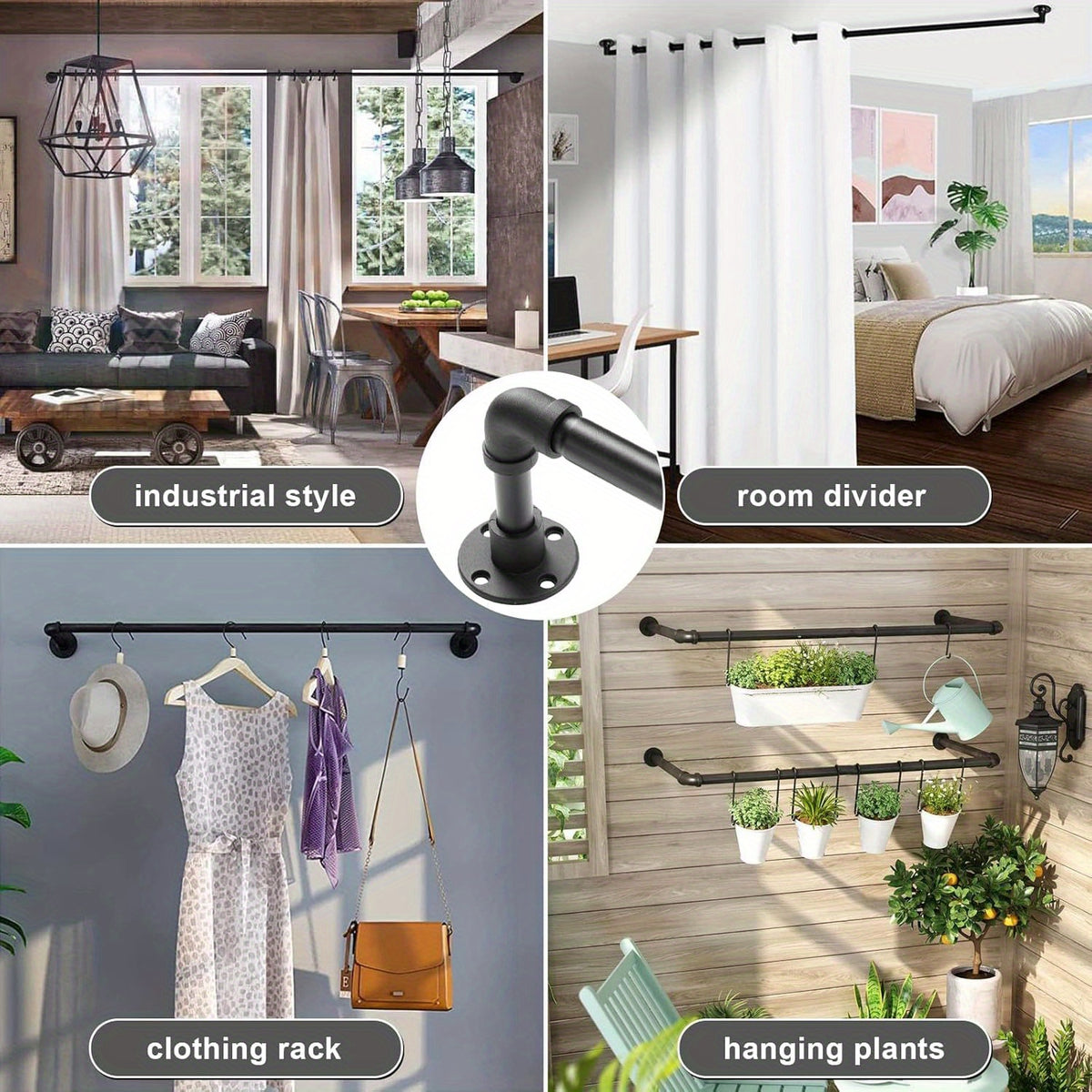 Adjustable Industrial Black Pipe Curtain Rod 1 Inch Wrap-Around with Brackets, Indoor Outdoor Patio Room Divider, 4 Sizes 28-45in to 28-84in