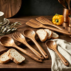 Wooden Kitchen Utensils Set 10 Piece - Non-Stick Safe Heat Resistant Cooking Tools with Spatula, Slotted Spoon & More, Stylish Wood Kitchen Gadgets for Cooking & Baking