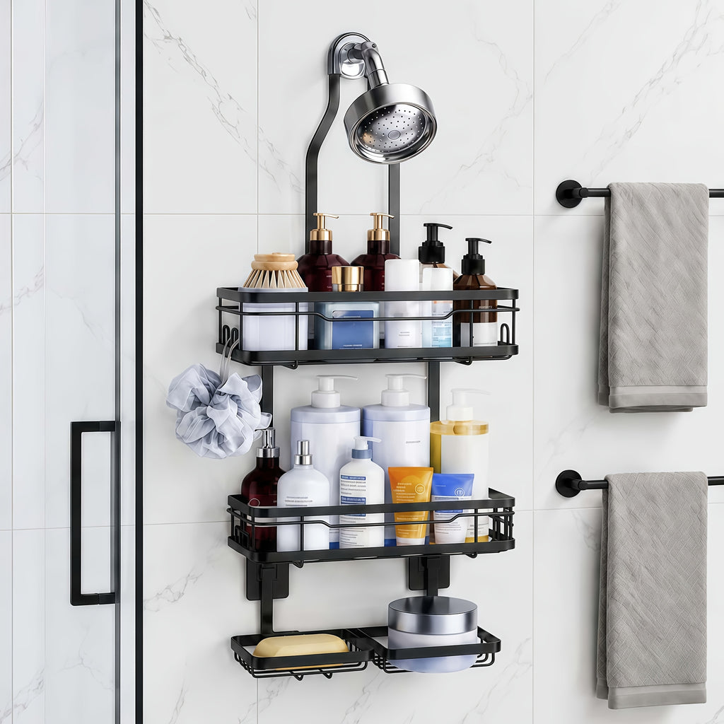 Hanging Shower Rack 5-Piece Set with Soap Holder, Towel & Bathrobe Hook | No-Drill Rust-Proof Adjustable Shower Caddy for Bathroom Storage